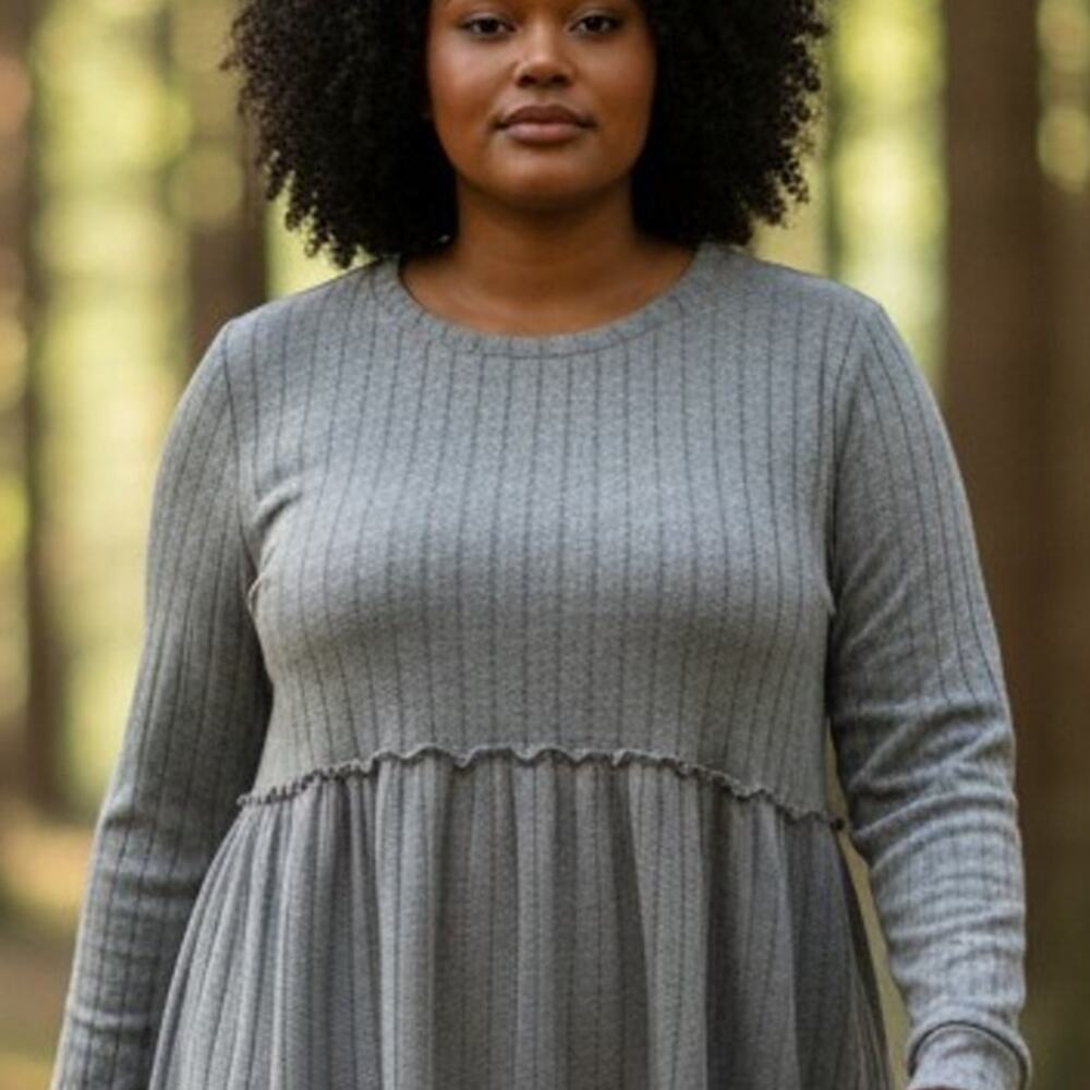 SHEIN Curve Sweater Womens 2XL Gray Ribbed Knit Long Sleeve Babydoll Soft Fuzzy